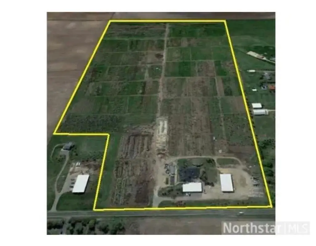 Aerial photo of the 72-acre Al-Maghfirah Cemetery property outlined in yellow, Castle Rock Township near Farmington, Minnesota