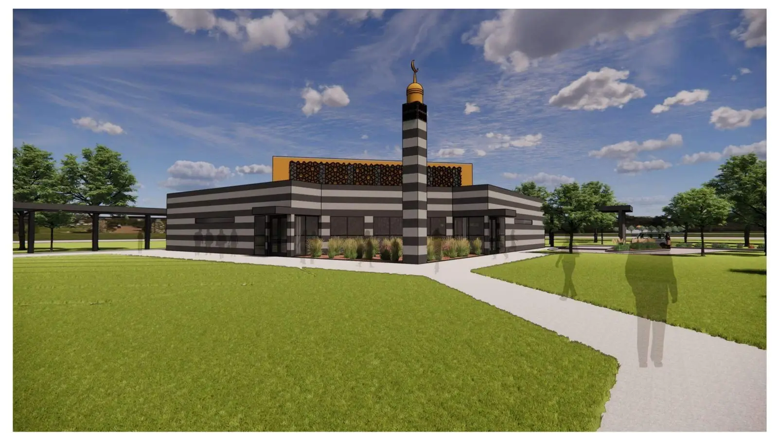 Early concept rendering with a minaret — rotated plan