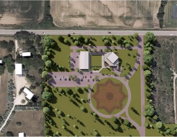 Colored landscape plan over an aerial photo