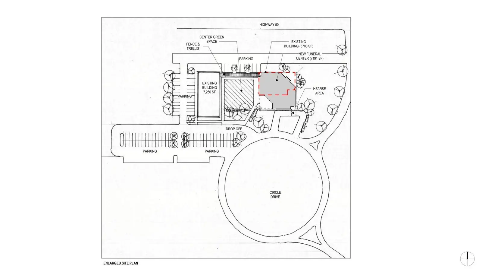 Proposed site plan with the building, parking, circular drive and burial grounds