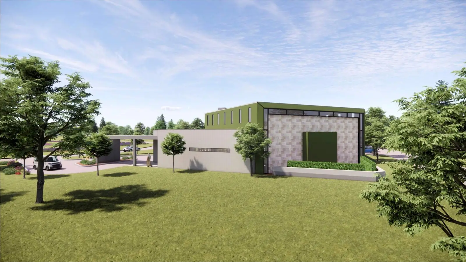 East elevation rendering with the entrance canopy