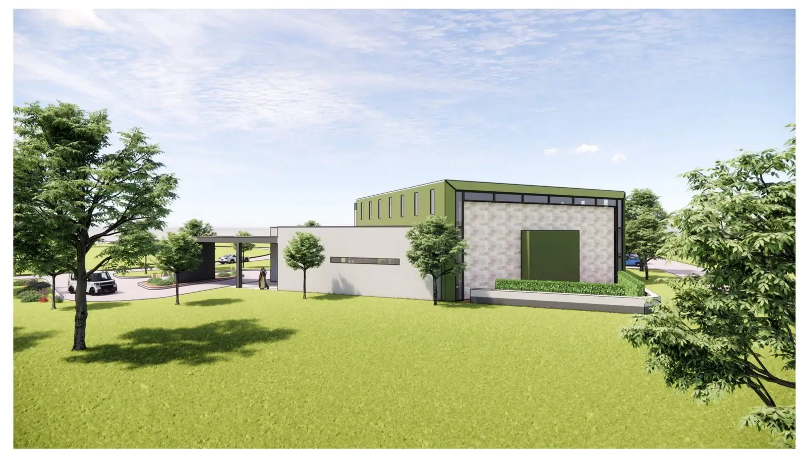 Rendering of the funeral center's east elevation and entrance canopy