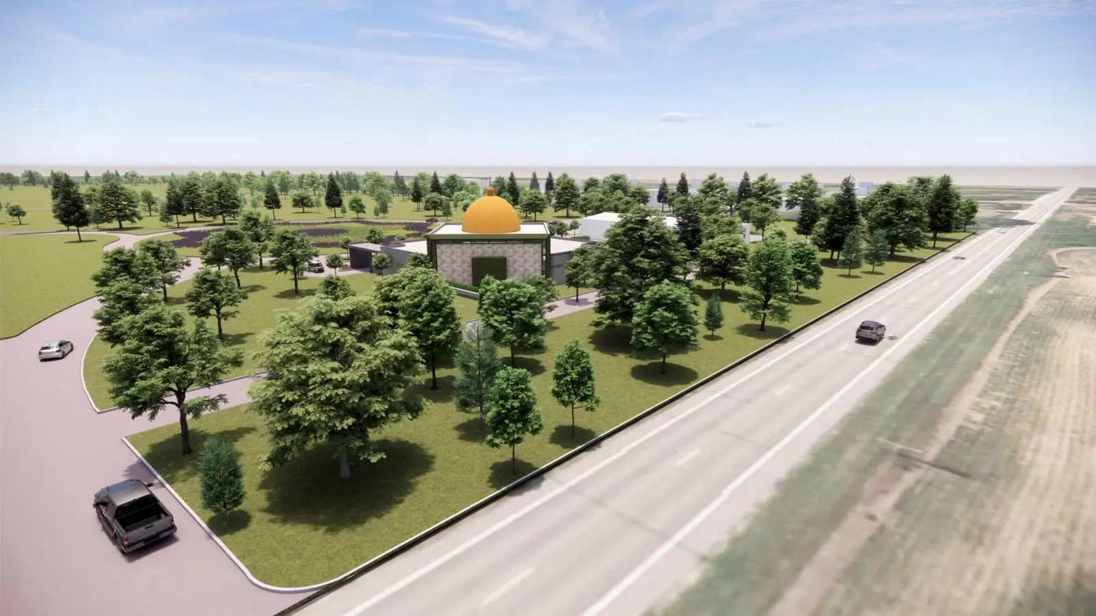 Rendering of the site from the road, with a domed prayer hall concept