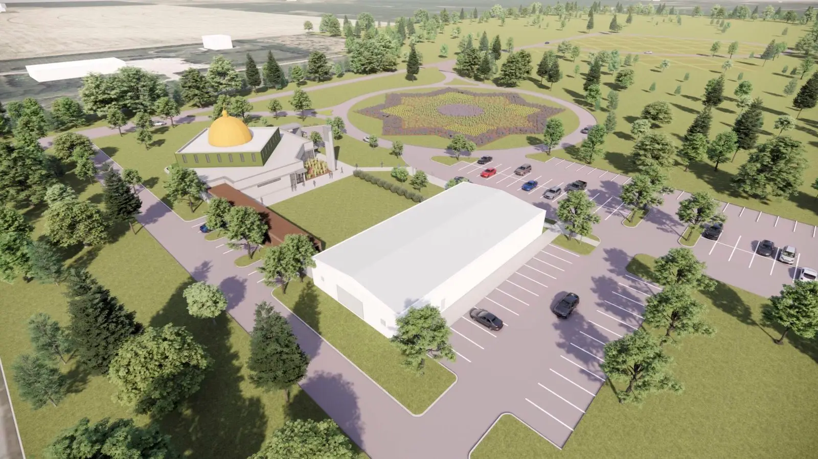 Rendering of the completed site with funeral center, roads and parking