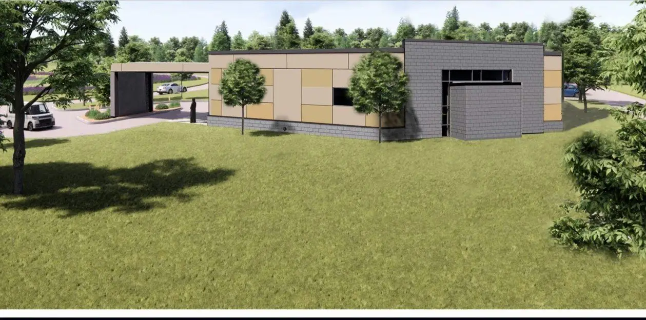 Rendering of the northeast entry of the funeral center